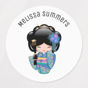 Keiko Kokeshi Doll - Blue Kimono Geisha Girl Kids' Labels