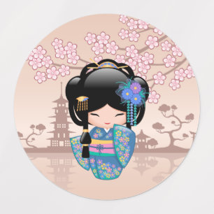 Keiko Kokeshi Doll - Blue Kimono Geisha Girl Kids' Labels