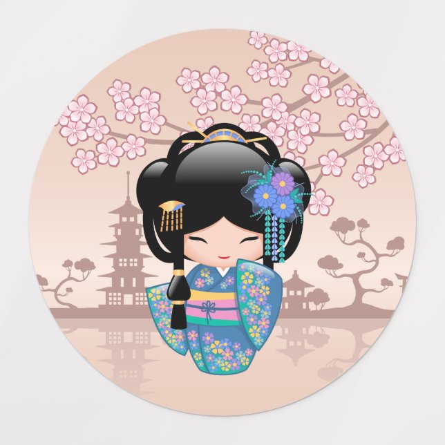 Keiko Kokeshi Doll - Blue Kimono Geisha Girl Kids' Labels (Design 1)