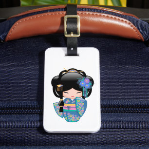 Keiko Kokeshi Doll - Blue Kimono Geisha Girl Luggage Tag