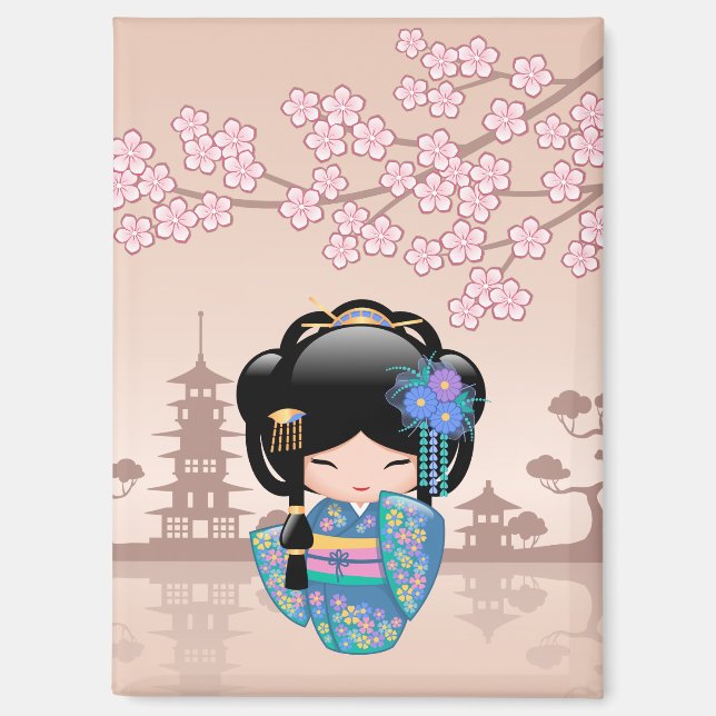Keiko Kokeshi Doll - Blue Kimono Geisha Girl Magnet (Front)