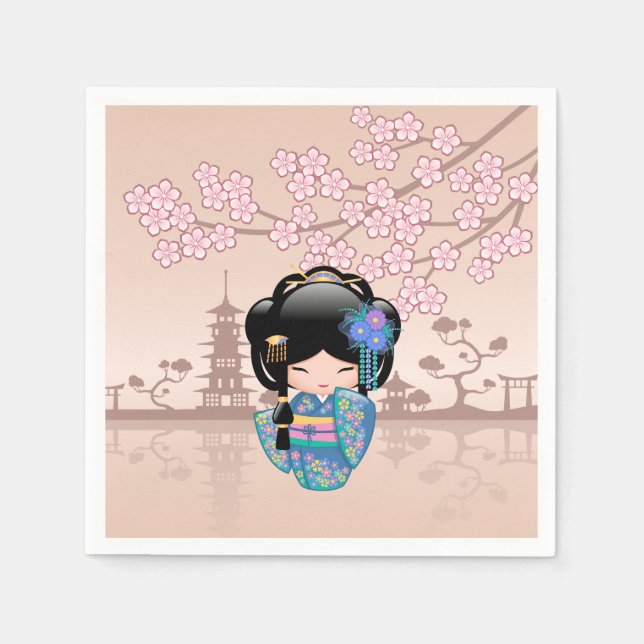 Keiko Kokeshi Doll - Blue Kimono Geisha Girl Napkins (Front)