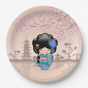 Keiko Kokeshi Doll - Blue Kimono Geisha Girl Paper Plates