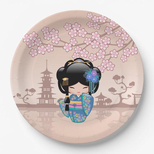 Keiko Kokeshi Doll - Blue Kimono Geisha Girl Paper Plates (Front)