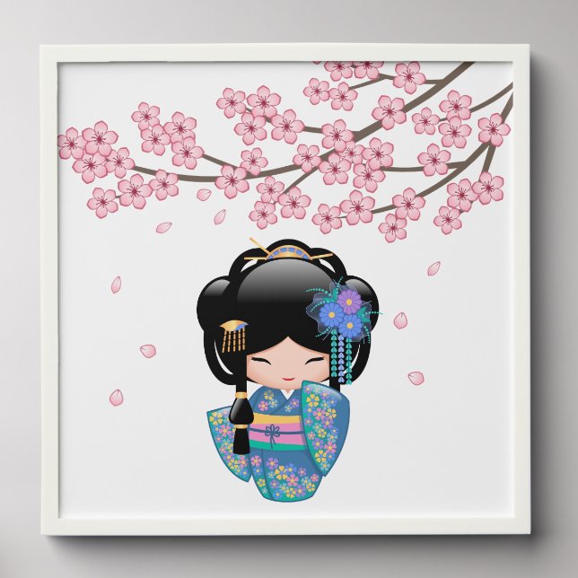 Keiko Kokeshi Doll Blue Kimono Geisha Girl Peel And Stick Photo Tile (Front Set)