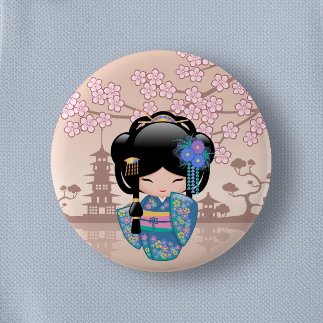 Keiko Kokeshi Doll - Blue Kimono Geisha Girl Pinback Button (Creator Uploaded)
