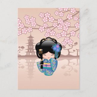 Keiko Kokeshi Doll - Blue Kimono Geisha Girl Postcard
