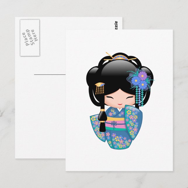 Keiko Kokeshi Doll - Blue Kimono Geisha Girl Postcard (Front/Back)