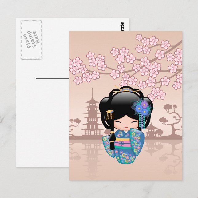 Keiko Kokeshi Doll - Blue Kimono Geisha Girl Postcard (Front/Back)