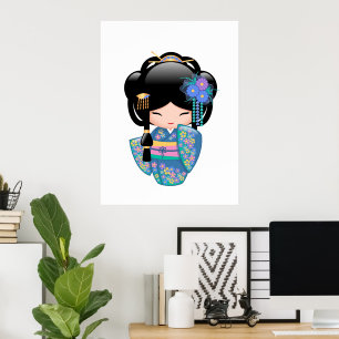 Keiko Kokeshi Doll - Blue Kimono Geisha Girl Poster