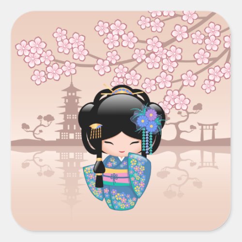 Keiko Kokeshi Doll _ Blue Kimono Geisha Girl Square Sticker