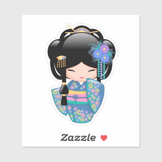 Keiko Kokeshi Doll - Blue Kimono Geisha Girl Sticker (Sheet)