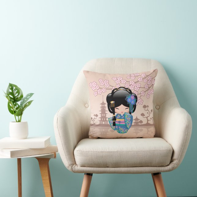 Keiko Kokeshi Doll - Blue Kimono Geisha Girl Throw Pillow (Chair)