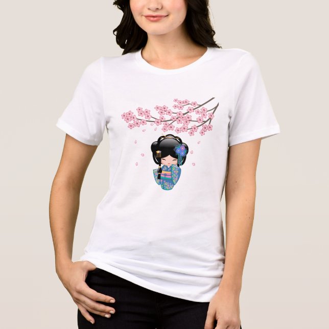 Keiko Kokeshi Doll - Blue Kimono Geisha Girl Tri-Blend Shirt (Front)