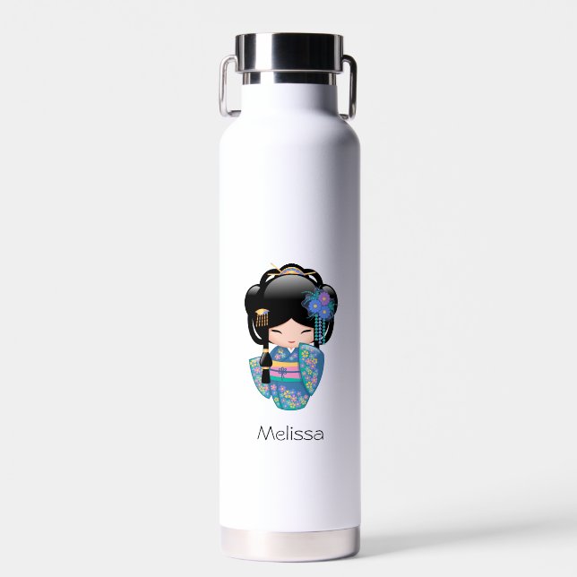 Keiko Kokeshi Doll - Blue Kimono Geisha Girl Water Bottle (Front)