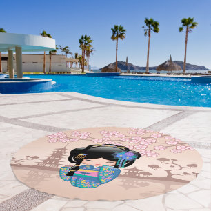 Keiko Kokeshi Doll Japanese Geisha Girl Beige Beach Towel