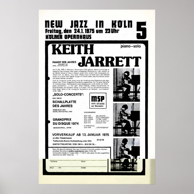 Keith Jarrett jazz poster - Köln Concert - 1975 2 (Front)