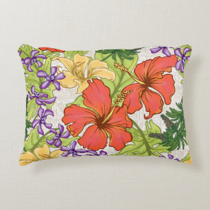 Keleah Tropical Hawaiian Hibiscus and Orchids Accent Pillow
