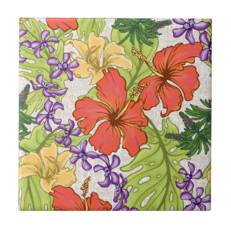Keleah Tropical Hawaiian Hibiscus and Orchids Ceramic Tile
