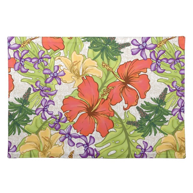 Keleah Tropical Hawaiian Hibiscus and Orchids Cloth Placemat (Front)