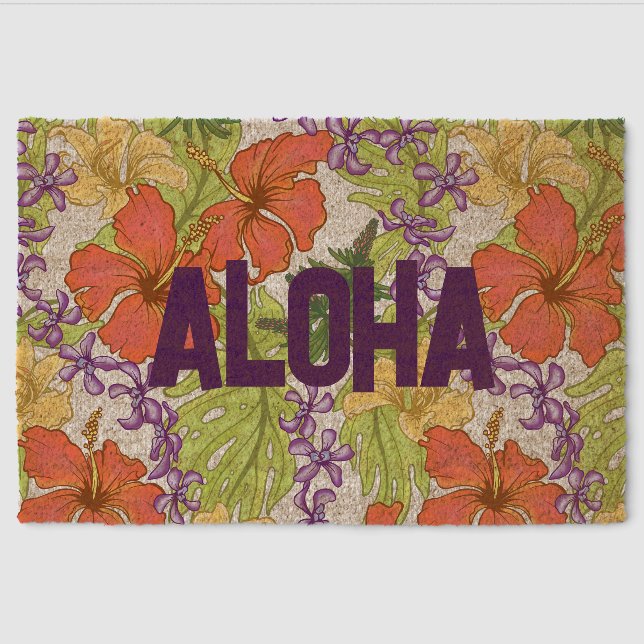 Keleah Tropical Hawaiian Hibiscus and Orchids Fiber Doormat (Front)