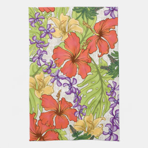 Keleah Tropical Hawaiian Hibiscus and Orchids Kitchen Towel