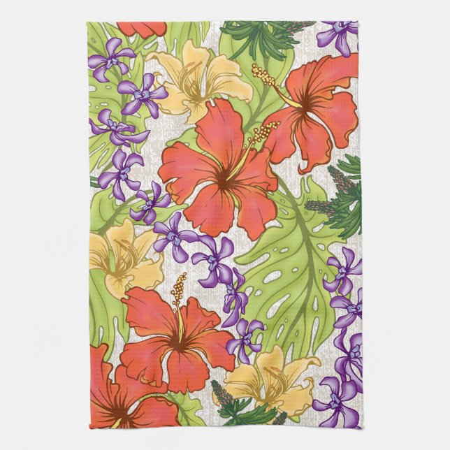 Keleah Tropical Hawaiian Hibiscus and Orchids Kitchen Towel (Vertical)