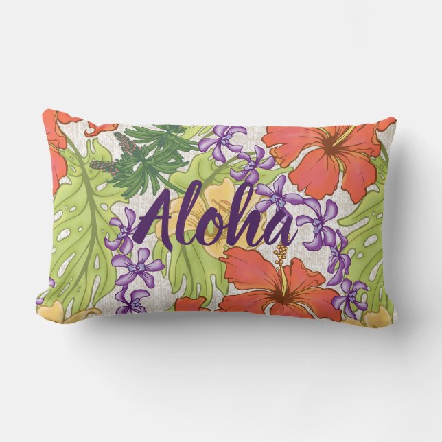 Keleah Tropical Hawaiian Hibiscus and Orchids Lumbar Pillow (Front)