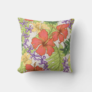 Keleah Tropical Hawaiian Hibiscus and Orchids Outdoor Pillow