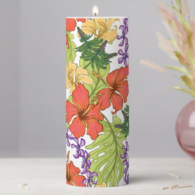 Keleah Tropical Hawaiian Hibiscus and Orchids Pillar Candle (In Situ)