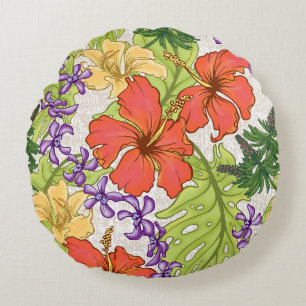 Keleah Tropical Hawaiian Hibiscus and Orchids Round Pillow