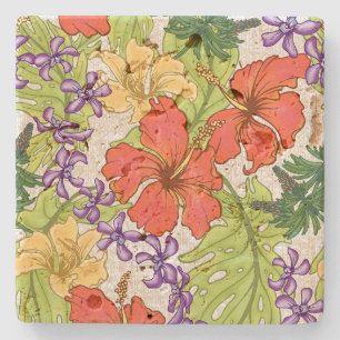 Keleah Tropical Hawaiian Hibiscus and Orchids Stone Coaster