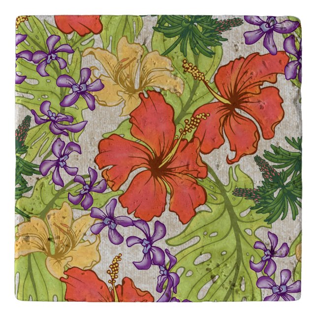 Keleah Tropical Hawaiian Hibiscus and Orchids Trivet (Front)