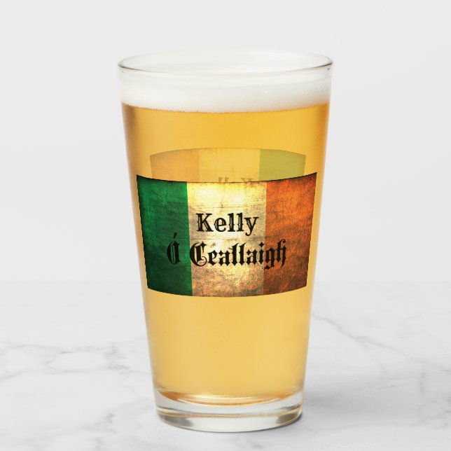 Kelly Family Name on Irish Flag  Glass (Front Filled)