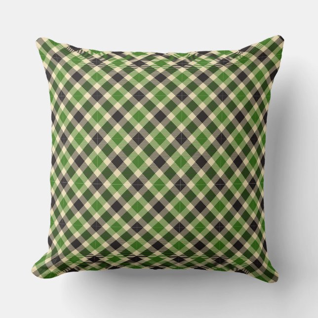 Kelly Green and Black Tartan Plaid 2 Square Pillow (Front)
