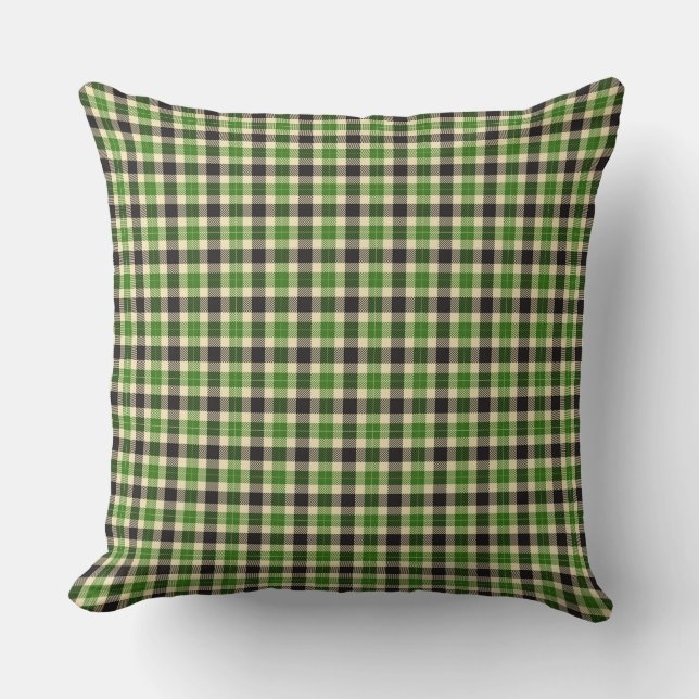 Kelly Green and Black Tartan Plaid Square Pillow (Front)
