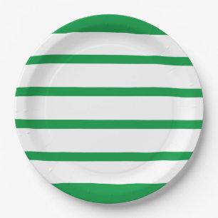 Kelly Green and White Minimal Wide Stripes Office Paper Plates