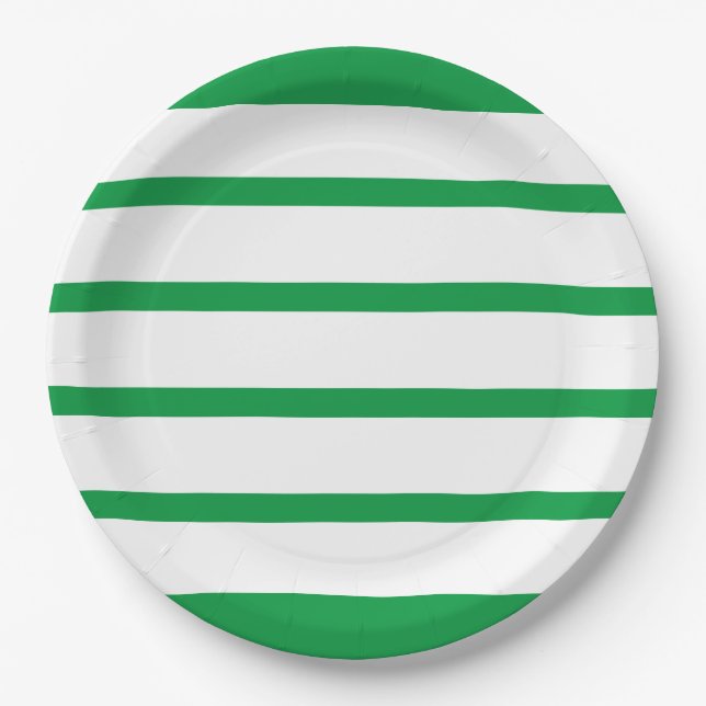 Kelly Green and White Minimal Wide Stripes Office Paper Plates (Front)