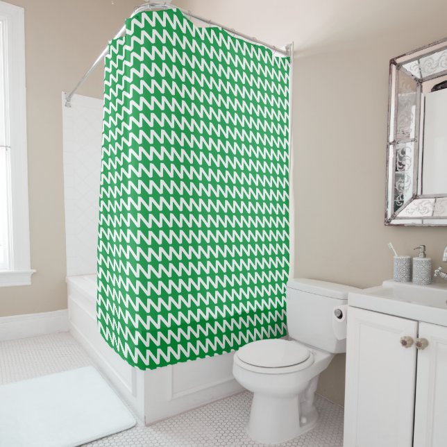 Kelly Green and white Modern Sharp Waves Shower Curtain (In Situ)