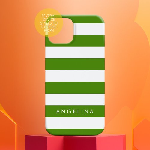 Kelly Green and White Striped Pattern Custom Name iPhone 15 Case