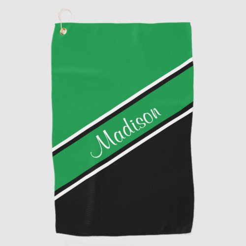 Kelly Green Black Diagonal Stripe Script Name Golf Towel