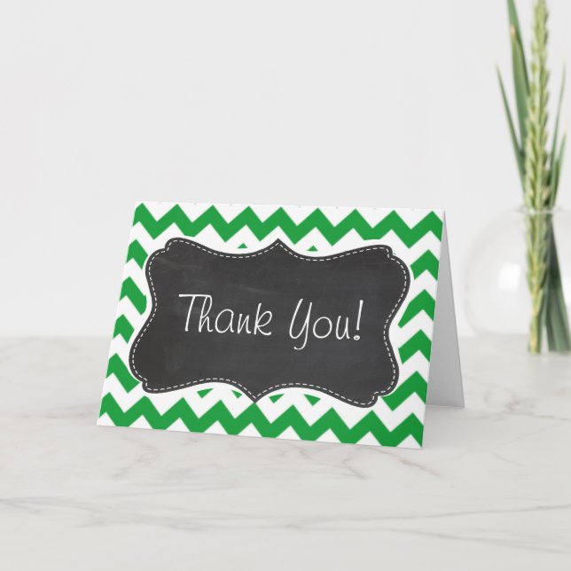 Kelly Green Chevron Stripes; Chalkboard look Thank You Card (Front)
