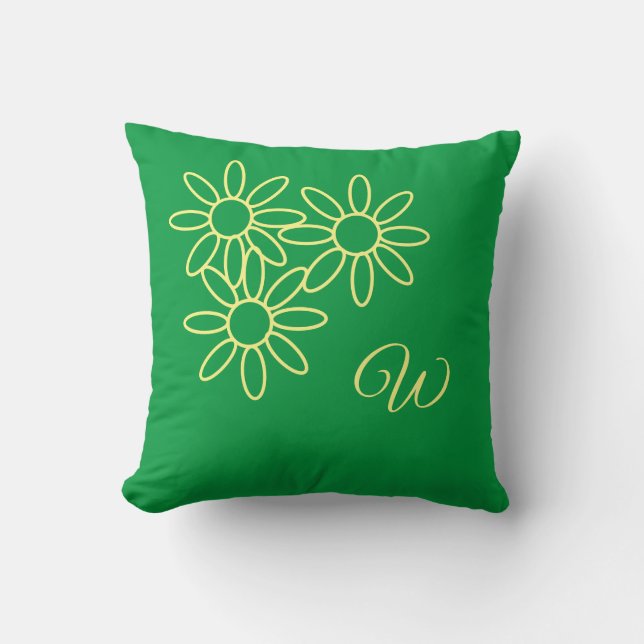 Kelly Green Flower & Monogram Throw Pillow (Front)