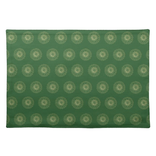Kelly Green | Golden Zinnia Flower Medallions Cloth Placemat (Front)