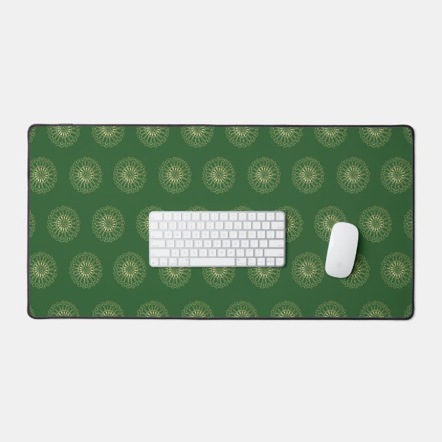 Kelly Green | Golden Zinnia Flower Medallions Desk Mat (Keyboard & Mouse)