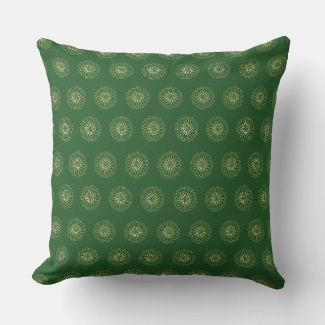 Kelly Green | Golden Zinnia Flower Medallions Throw Pillow (Front)