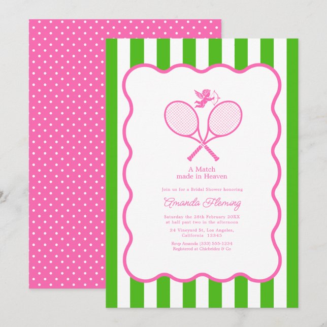 Kelly Green & Hot Pink Preppy Tennis Bridal Shower Invitation (Front/Back)