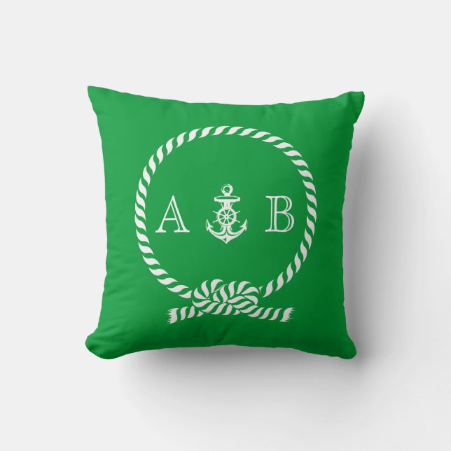 Kelly Green Nautical Rope and Anchor Monogram Throw Pillow (Front)