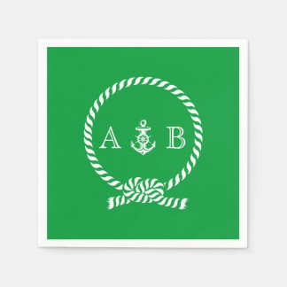Kelly Green Nautical Rope and Anchor Monogrammed Paper Napkins