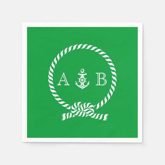 Kelly Green Nautical Rope and Anchor Monogrammed Paper Napkins (Front)